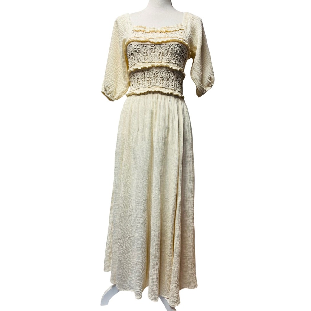 By Together S Cream Midi Dress Gauzey Crochet Lace Cottagecore Peasant Milkmaid